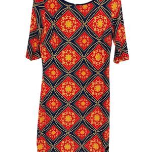 Women's Suzy Shier Red Navy Gold Geometric Logo Midi Dress w/ 3/4 Sleeve - Small